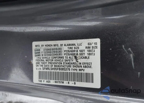 2015 Honda Odyssey Touring/Touring Elite from USA, damaged, VIN 5FNRL5H95FB085376